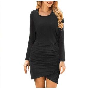BTFBM Black Dress Ruched Bodycon Long Sleeve Wrap Front Size Medium